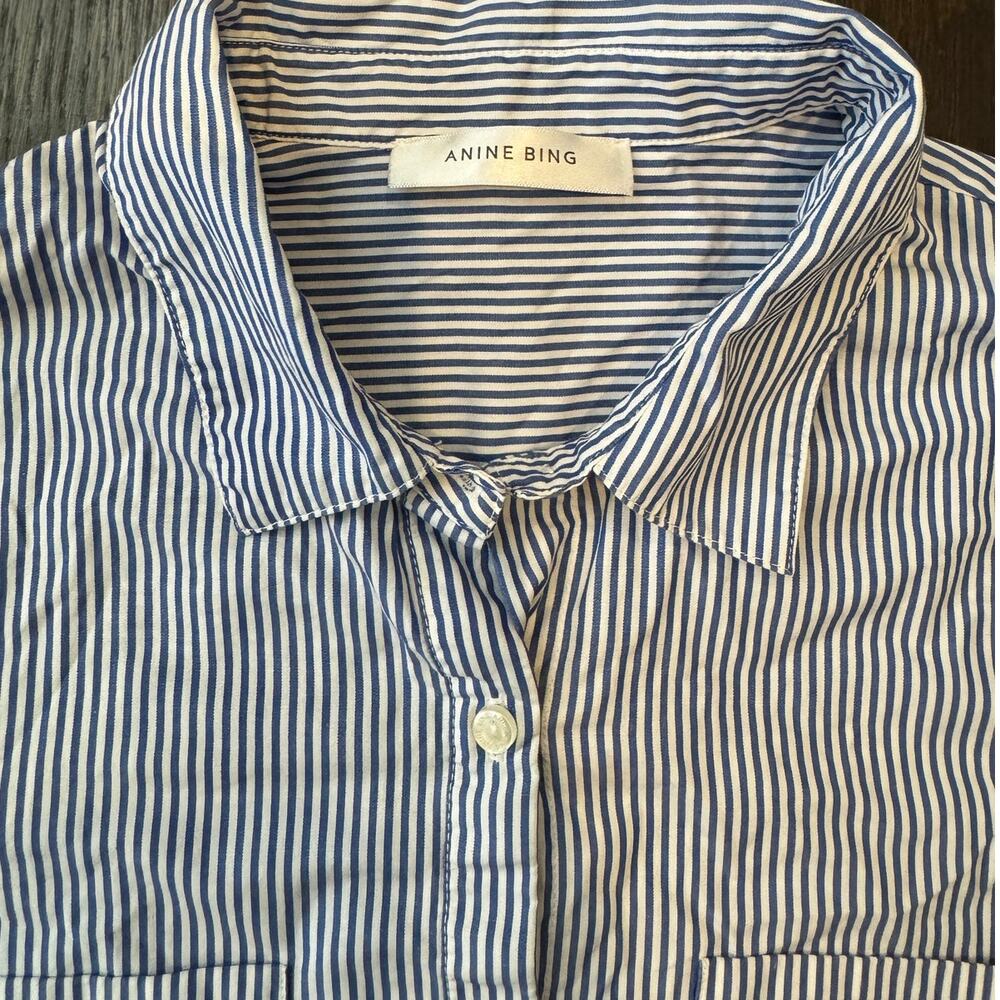 Anine Bing | Blue White Pinstripe Cotton Poplin Button-Up Shirt XS - Picture 3 of 7